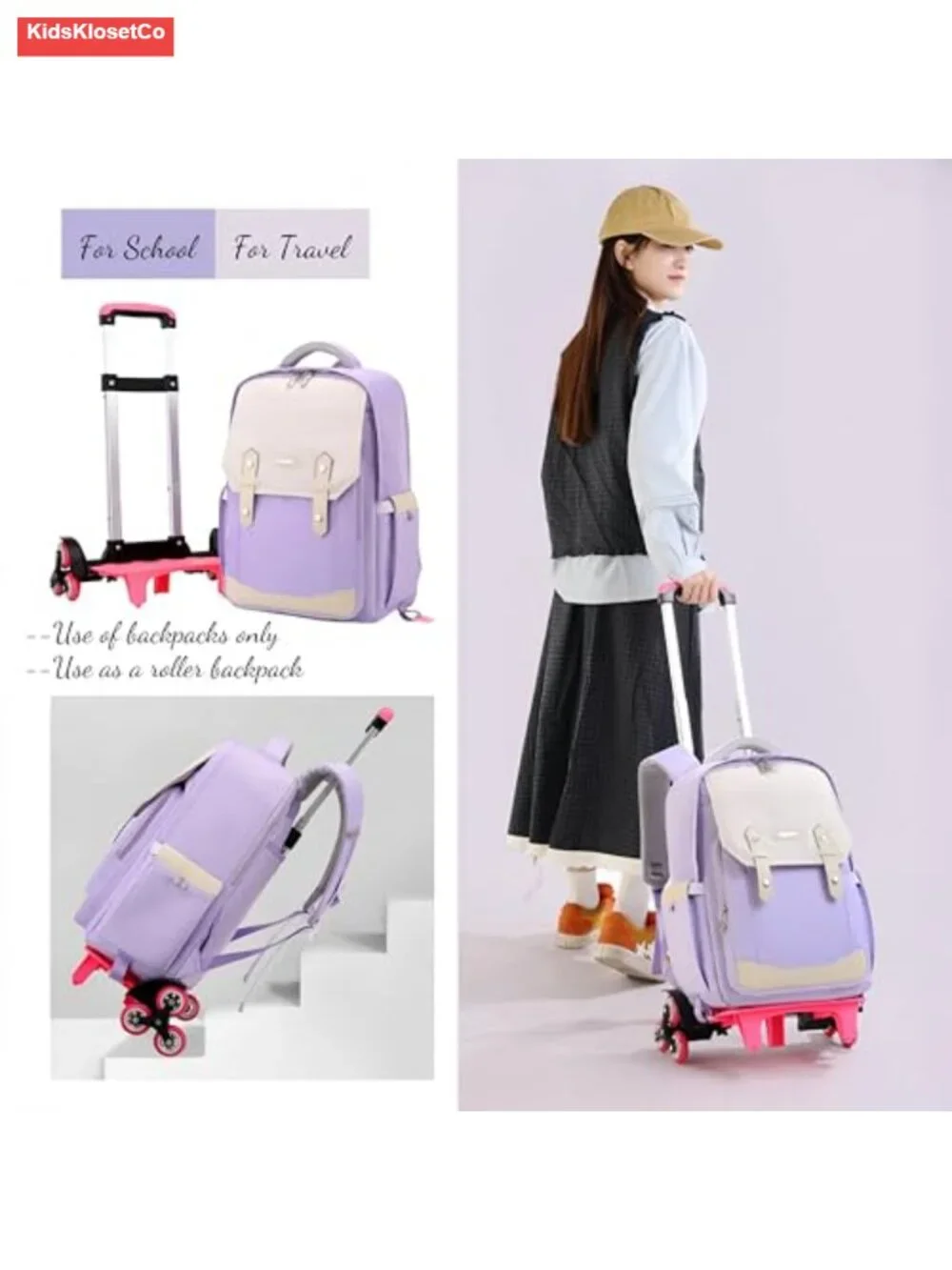 Kids Rolling Backpack with Wheels, Water-Resistant Nylon Trolley Bag for School